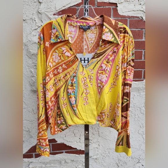 MEDIUM HAUTE HIPPIE faux wrap yellow floral boho collar crop shirt pullover - Picture 3 of 16